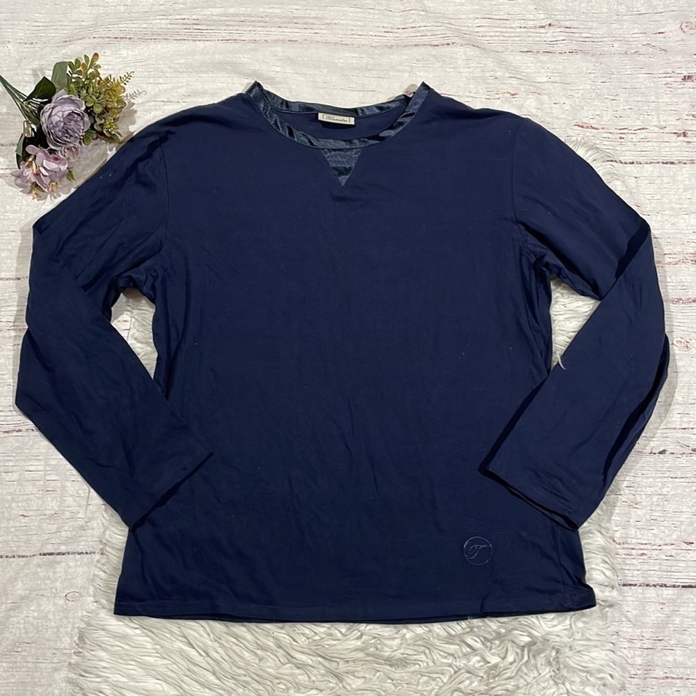 Temperley London Navy Blue Colored Satin Trim Crewneck Oversized Pajama Top